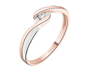 9 K Rhodium Plated Rose Gold Ring with Diamond - 0,04 ct - fineness 9 K