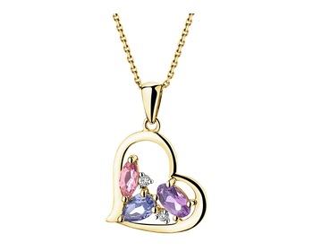 Yellow gold pendant with brilliant cut diamonds, tanzanite, amethyst and tourmaline - heart - fineness 9 K