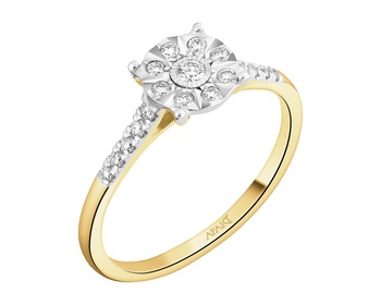 14 K Rhodium-Plated Yellow Gold Ring with Diamonds - 0,21 ct - fineness 14 K