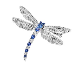 White gold brooch with diamonds and Ceylon sapphires - dragonfly - fineness 18 K