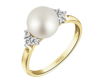 14 K Rhodium-Plated Yellow Gold Ring with Diamonds - fineness 14 K