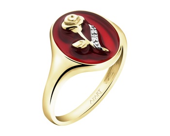 9 K Rhodium-Plated Yellow Gold Signet Ring with Diamonds - 0,006 ct - fineness 9 K