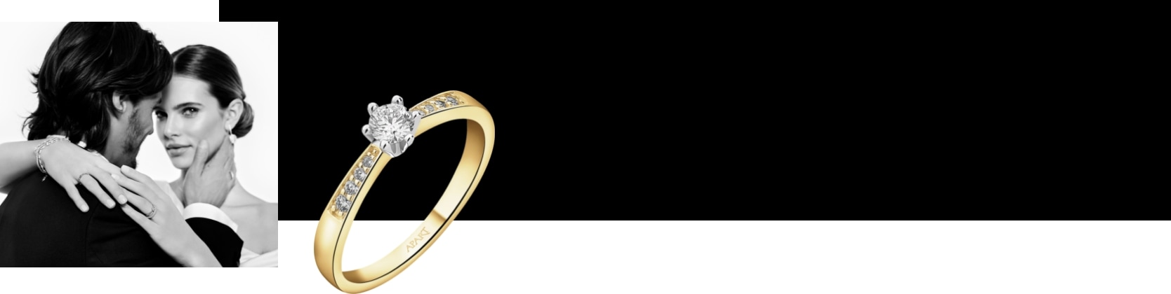 man embracing woman. Couple showing wedding jewelry. Gold ring with diamonds