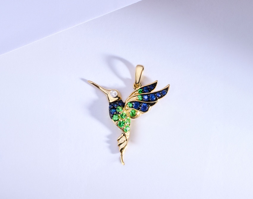 Silver pendant with cubic zirconia and enamel - hummingbird