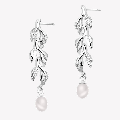 Silver earrings with pearls and zircons - leaves